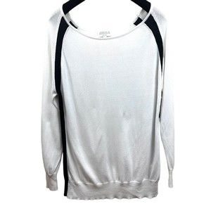 Joseph A. Pullover Sweater L Petite Cotton Rayon Contrast Blue Trim Scoop